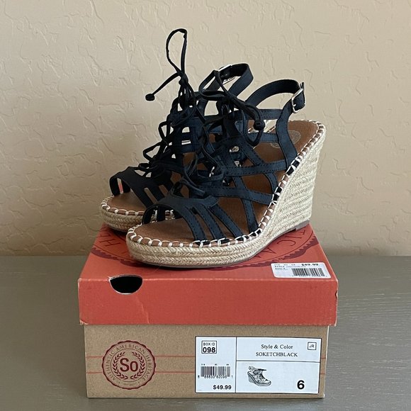 SO Kohls 6 Ketch Black Lace Up Jute Platform Wedge Espadrille Sandals Worn Once! - Picture 1 of 11